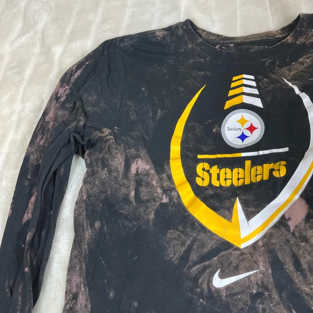 NFL Nike Boys Kid XL Long Sleeve Pittsburgh Steelers Bleach Dye Fall Upcycle Tee